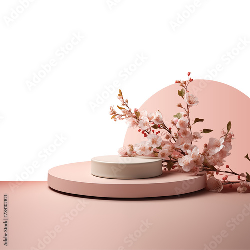 Podium with flowers for demonstrating products. Pink howcase mockup on transparent background photo