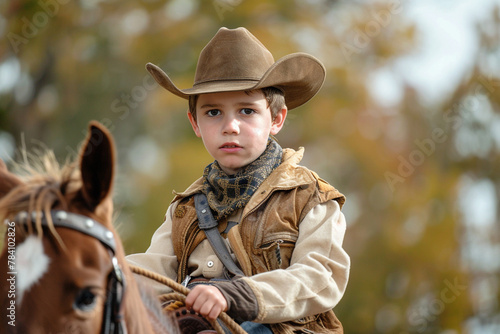 A boy in a cowboy costume riding a hobby horse.
