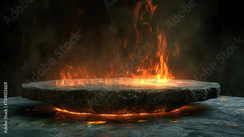 Wallpaper Mural A mystical stone altar with a burning fire and a glowing magical ring in a dark, smoky environment. Torontodigital.ca