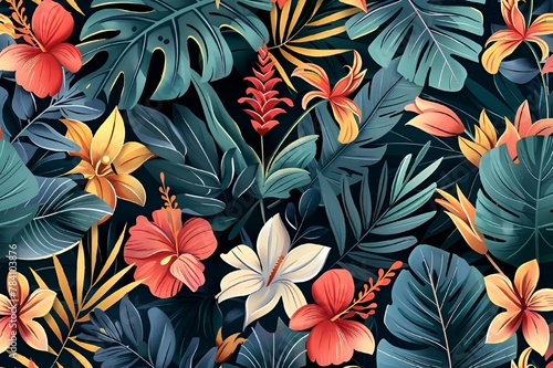 tropical seamless background in bright colors of pink, yellow and green with exotic leaves © Wirestock