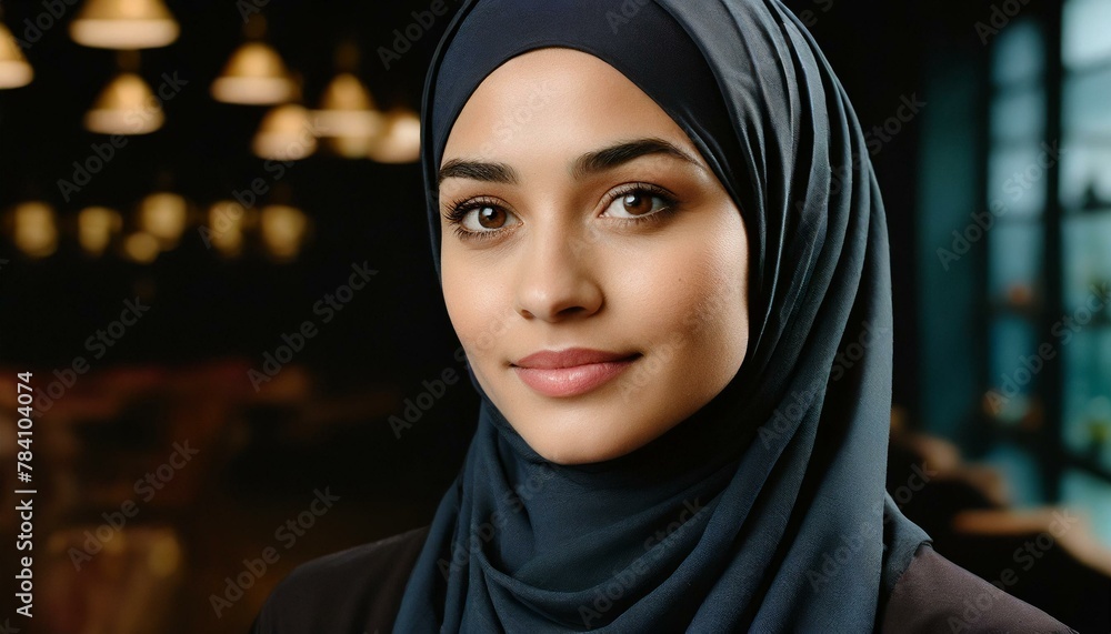 Portrait of a confident woman wearing a hijab, with her eyes gazing forward. Portrait of a confident woman wearing a hijab, with her eyes gazing forward.