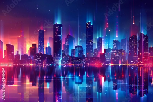 futuristic neon city skyline at night cyberpunk aesthetic digital art illustration digital ilustration
