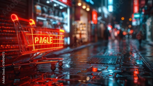 a shopping cart with a sign is on the street at night