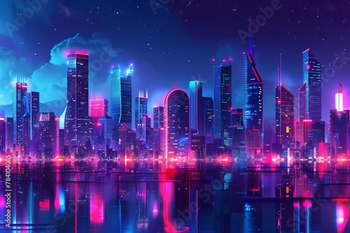 futuristic neon city skyline at night vibrant cyberpunk cityscape digital illustration © Lucija