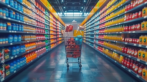 an empty grocery cart filled with various bottled drinks in a store aisle