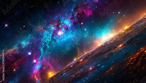 The stars and nebulae in the distance form a kaleidoscope of colors,