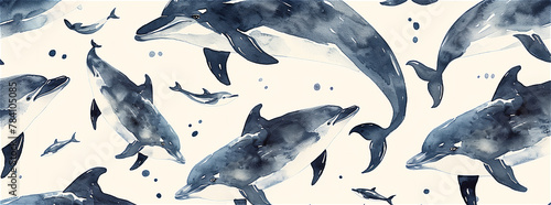 Ink Wash Painting of Dolphins Swimming
