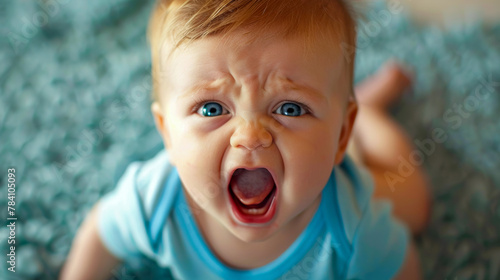 A baby lies on the floor, gazing upward with an intense, angry expression, mouth open wide in a loud scream. The photograph portrays the nature of infancy emotions can be expressed with fervor photo