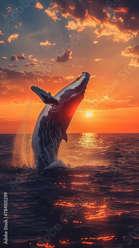 Humpback Whale Breaching at Sunset
