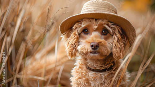 Adorable cocker spaniel in straw hat among tall grass