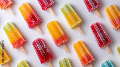 top down view of colorful popsicles evenly distributed in white background