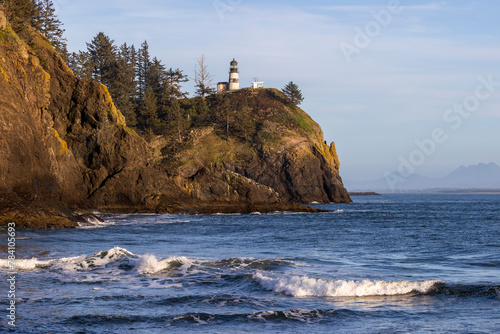 Lighthouse at Cape Disappointment with the ide coming in on a spring day