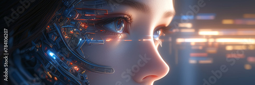 The perspective of a young woman living in a society where AI artificial intelligence has become universal and coexists. banner. Concept of technology and scientific progress. photo