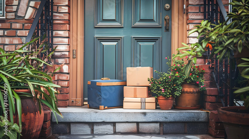 Vintage Style Delivery Scene with Packages and Flowers on Steps