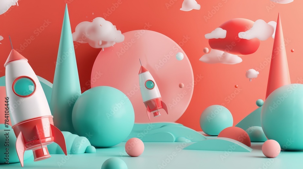 A contemporary take on a startup theme with D-rendered flying objects AI generated illustration - obrazy, fototapety, plakaty 