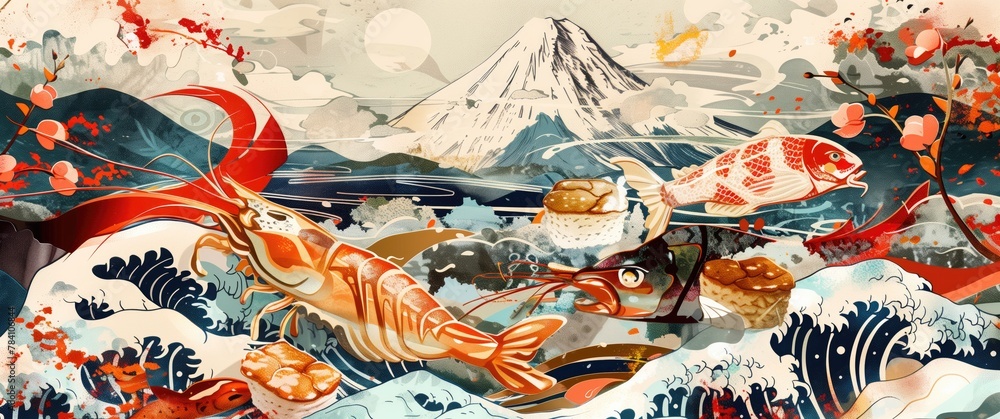 Obraz premium Ukiyoe style, shrimps and salmon with rice cakes around them, mountain in the background, waves crashing wallpaper