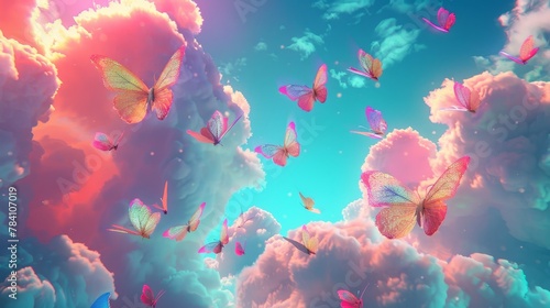 A psychedelic dream world with floating clouds and neon-colored butterflies AI generated illustration