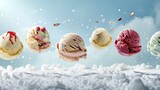 A series of flying scoops of ice cream with toppings  AI generated illustration