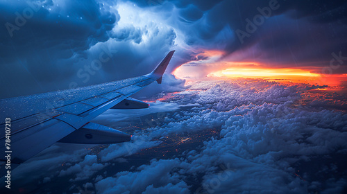 An airplane wing flies close to dramatic mammatus clouds with a sunset in the backdrop.
