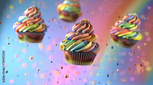 A series of flying cupcakes with rainbow swirls on top AI generated illustration