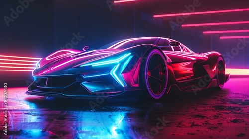 A supercar with glowing neon lights in a 3d style AI generated illustration