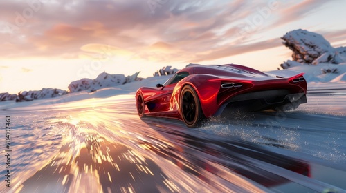A supercar zooming through a 3d rendered digital landscape  AI generated illustration photo