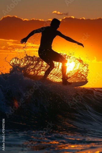 Silhouette of a surfer riding a wave at sunset. ©  valentinaphoenix