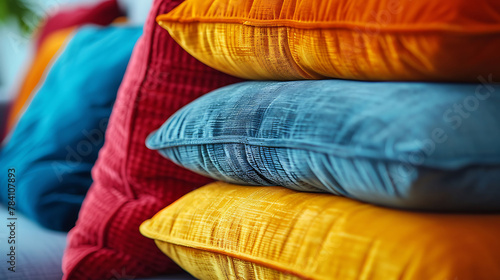 Macro shot of a stack of colorful throw pillows on a sofa, modern interior design, scandinavian style hyperrealistic photography