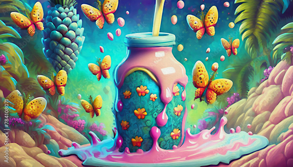 oil painting style cartoon illustration Multicolored a splash of pineapple yogurt, flying drops of pink milk drink