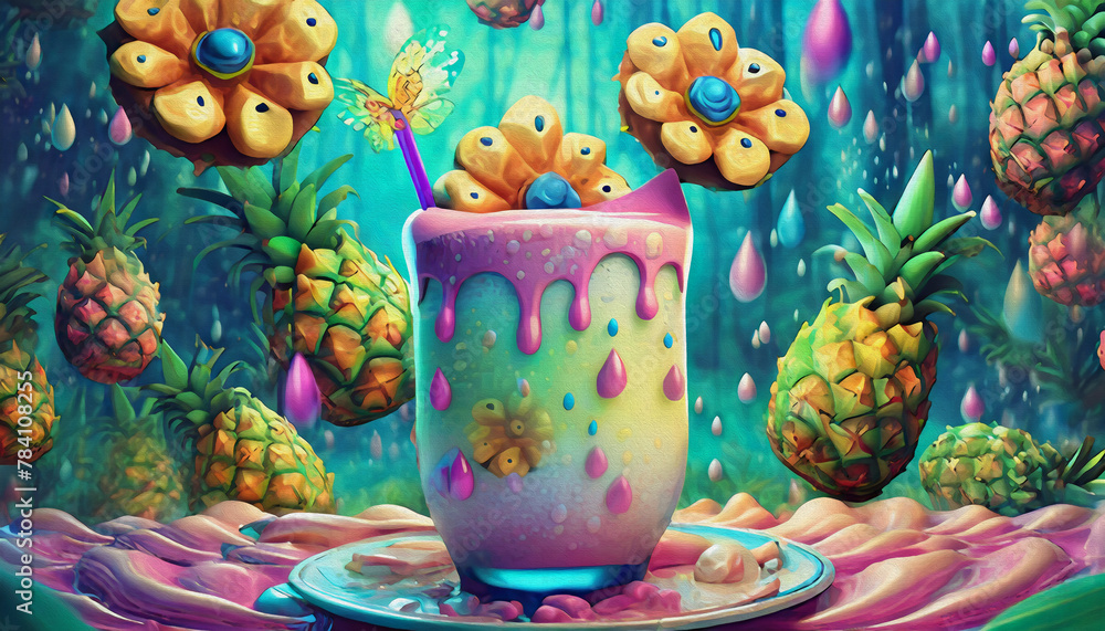 Fototapeta premium oil painting style cartoon illustration Multicolored a splash of pineapple yogurt, flying drops of pink milk drink