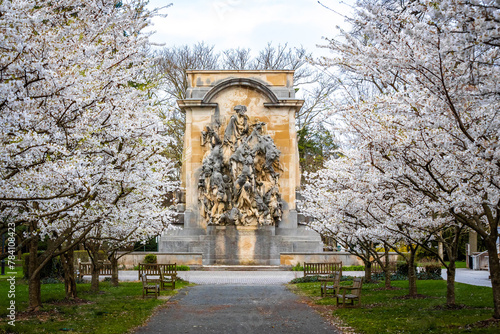 Beautiful view of Princeton Battle Monument with blooming trees at spring