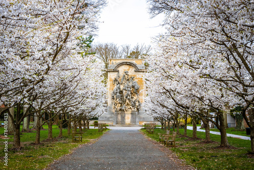 Beautiful view of Princeton Battle Monument with blooming trees at spring