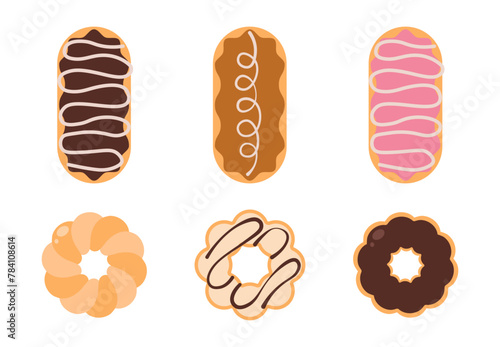 Gourmet Artisan Donut and Chocolate Eclair Set - Flat Vector Illustration 