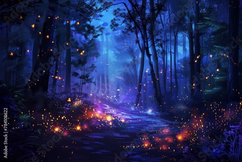 mysterious dark forest with glowing fireflies fantasy night landscape digital painting digital ilustration © Lucija