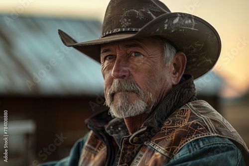 A pensive cowboy wearing a hat looks out, his face obscured, conveying a sense of contemplation amidst a rural setting