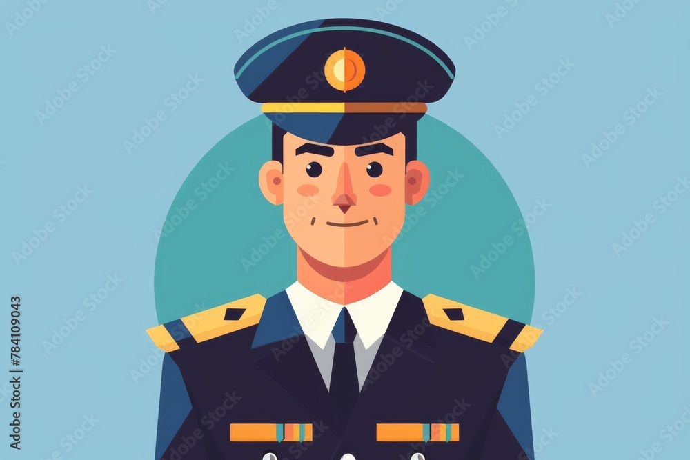 Illustration of a friendly male pilot in uniform with a smile, symbolizing professionalism Illustration of a friendly male pilot in uniform with a smile, symbolizing professionalism