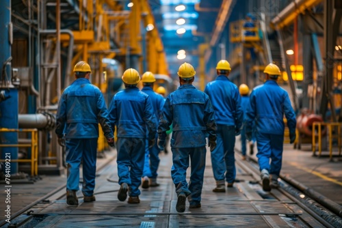 A group of workers with hard hats and blue uniforms walking down an industrial plant with pipelines and machinery
