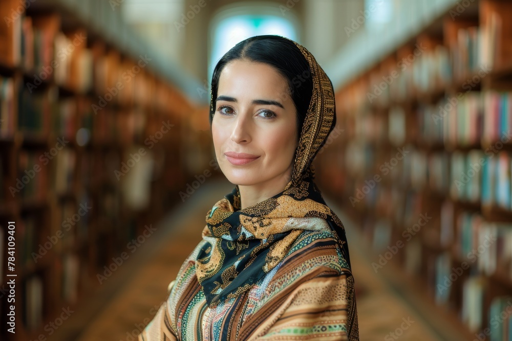 A portrait of a beautiful woman wearing a colorful hijab in a library setting, looking at the camera