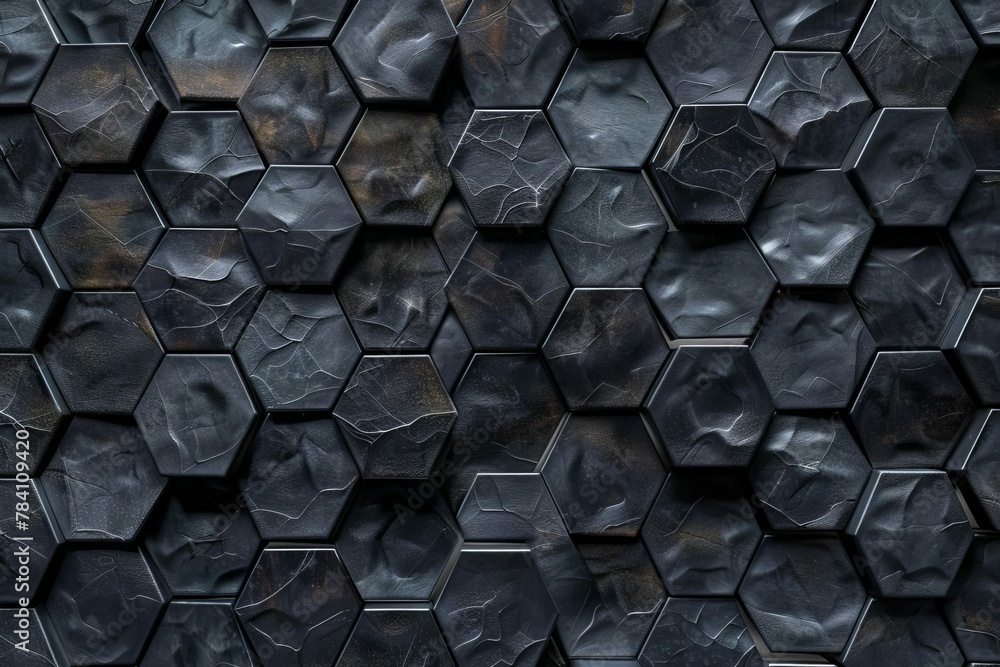 polished black 3d hexagonal tile wallpaper with futuristic geometric pattern digital ilustration - obrazy, fototapety, plakaty 