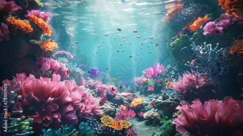 A surreal underwater scene with floating coral reefs and vibrant sea creatures   AI generated illustration photo