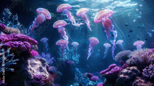 A surreal underwater scene with floating jellyfish and coral reefs   AI generated illustration