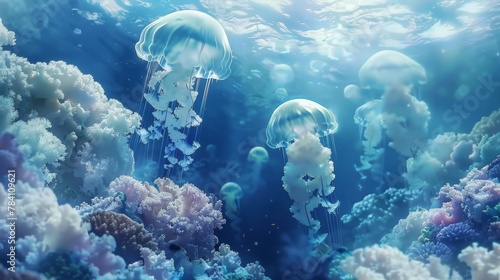 A surreal underwater scene with floating jellyfish and coral reefs AI generated illustration