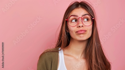 Woman Pondering with Red Glasses. photo