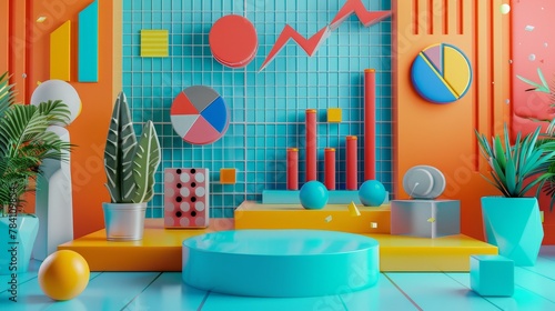 Wallpaper Mural A vibrant Memphis-style design with D-rendered graphs and trading symbols  AI generated illustration Torontodigital.ca