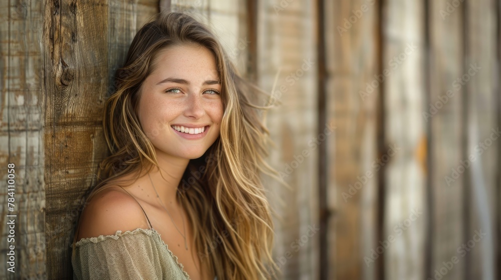 Fototapeta premium A radiant young woman with flowing hair and casual attire leans against a wooden wall with a joyful expression