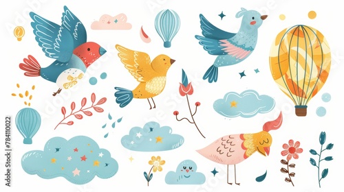 A whimsical assortment of cute isolated flying elements AI generated illustration