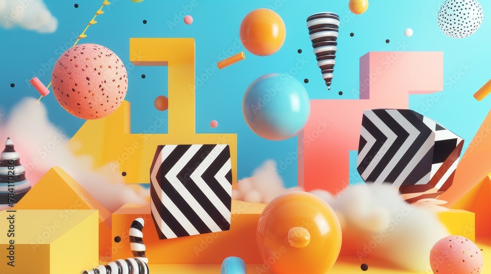 Abstract and geometric Memphis-style flying objects in a 3d render AI generated illustration Abstract and geometric Memphis-style flying objects in a 3d render AI generated illustration
