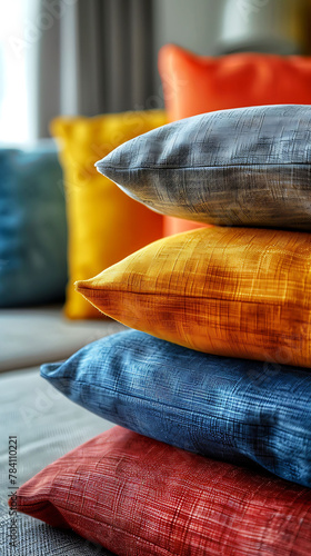 Macro shot of a stack of colorful throw pillows on a sofa, scandinavian style interior