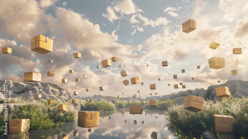 Abstract 3d render of packages floating in a surreal landscape   AI generated illustration