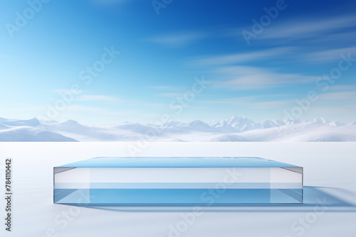 3D rendering of a clear glass platform on a snowy mountaintop
